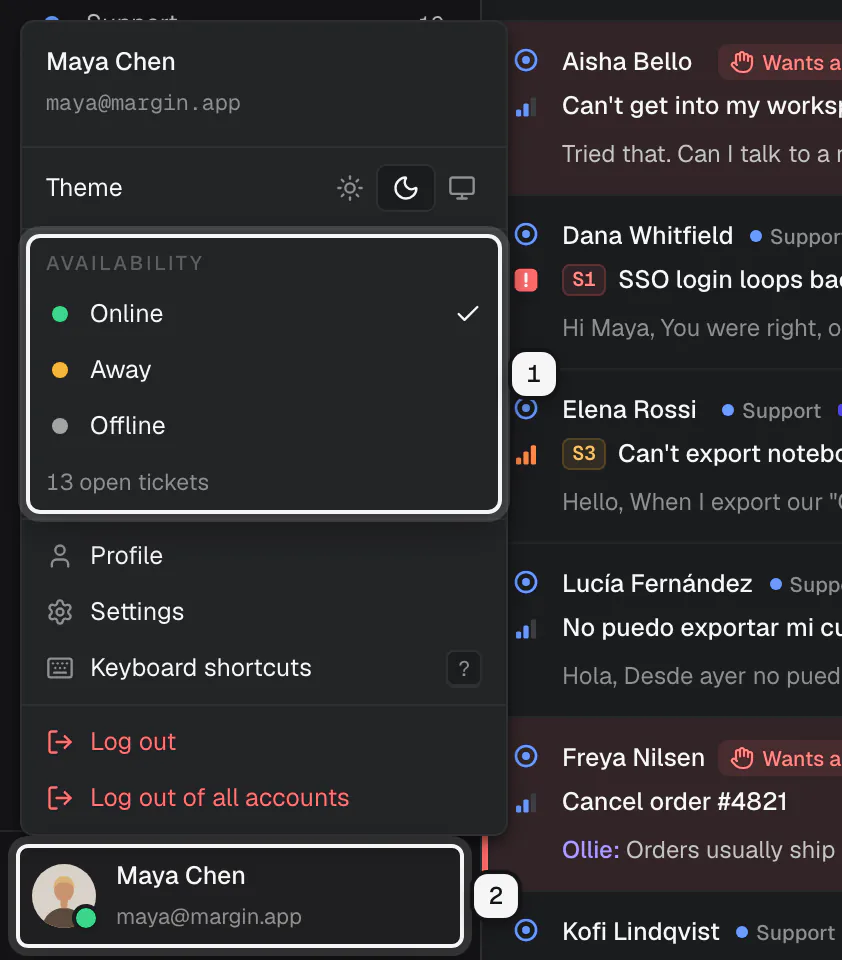 The account menu open from the bottom of the sidebar: the Availability choices Online, Away and Offline ringed as 1, and the button with your name that opens it ringed as 2