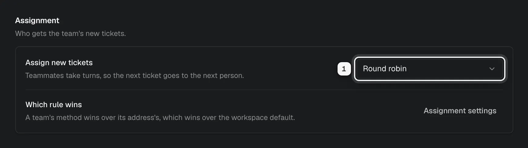 A team's Assignment section with the Assign new tickets picker ringed as 1, set to Round robin