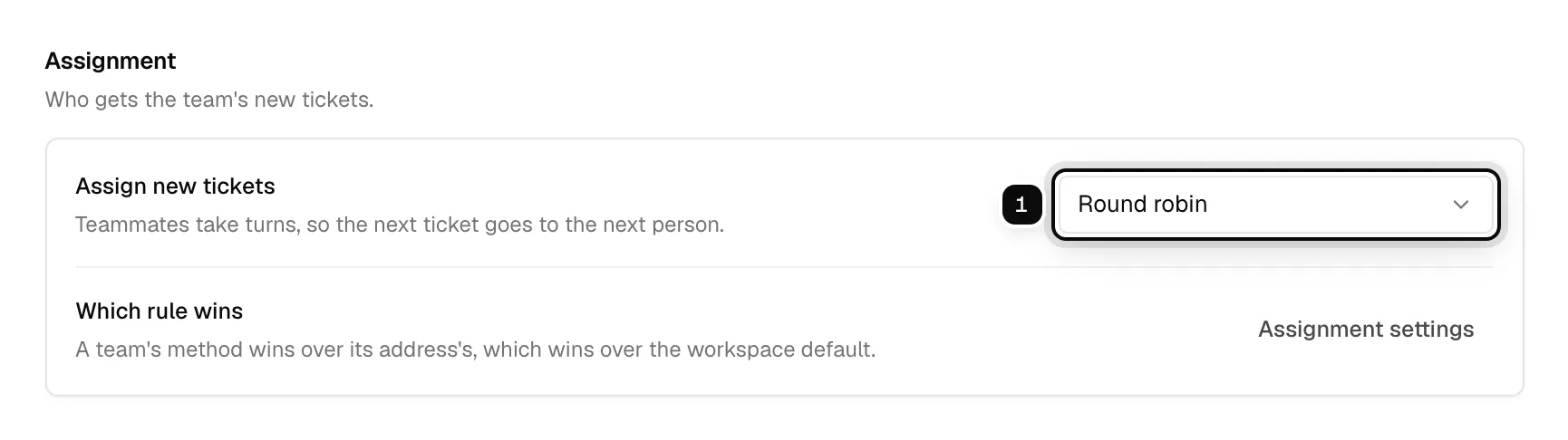 A team's Assignment section with the Assign new tickets picker ringed as 1, set to Round robin